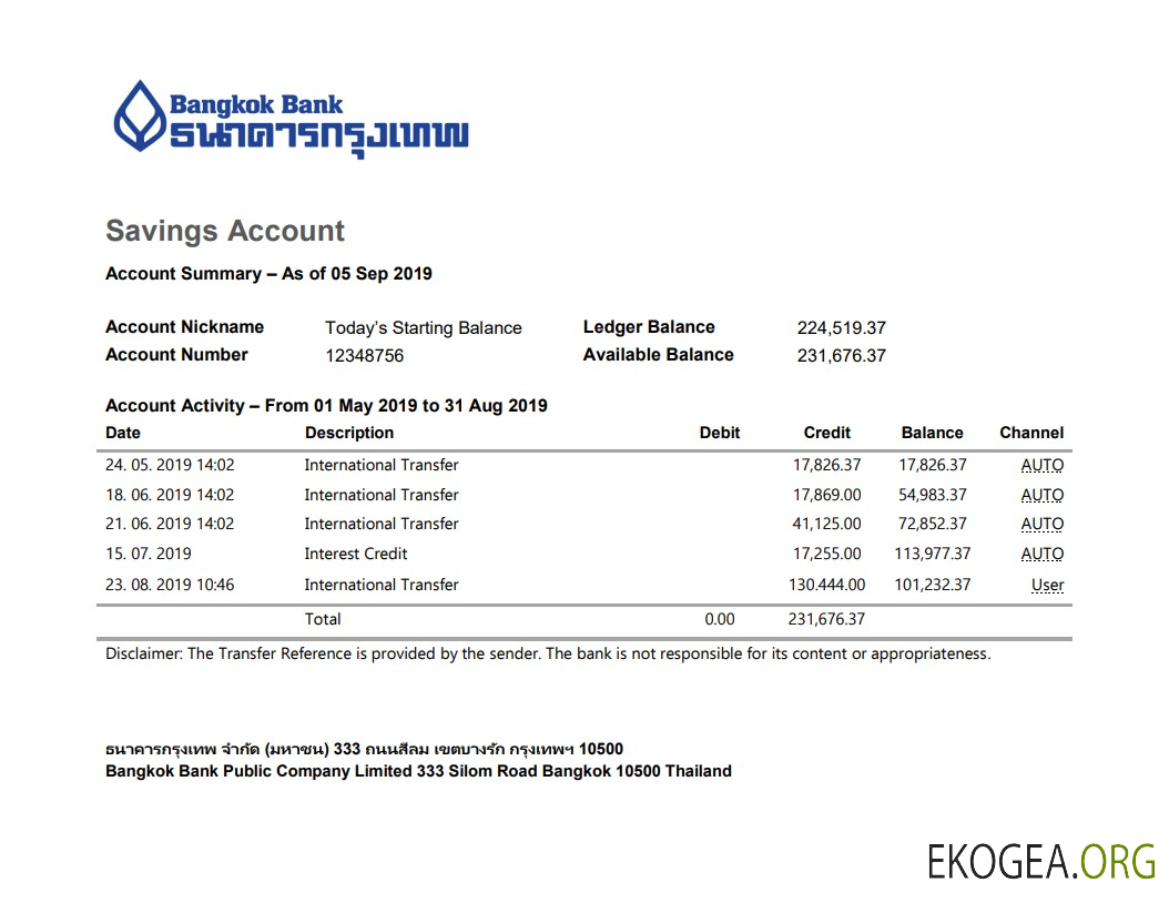 Modèle de relevé de compte d'épargne de la Thaïlande Bangkok Bank au format Word et PDF